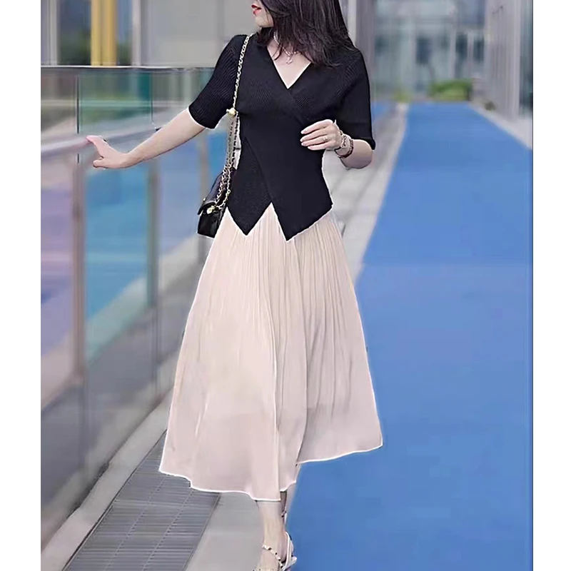 大码胖mm高级感流光纱裙女春夏季新款针织衫两件套装裙网纱半身裙