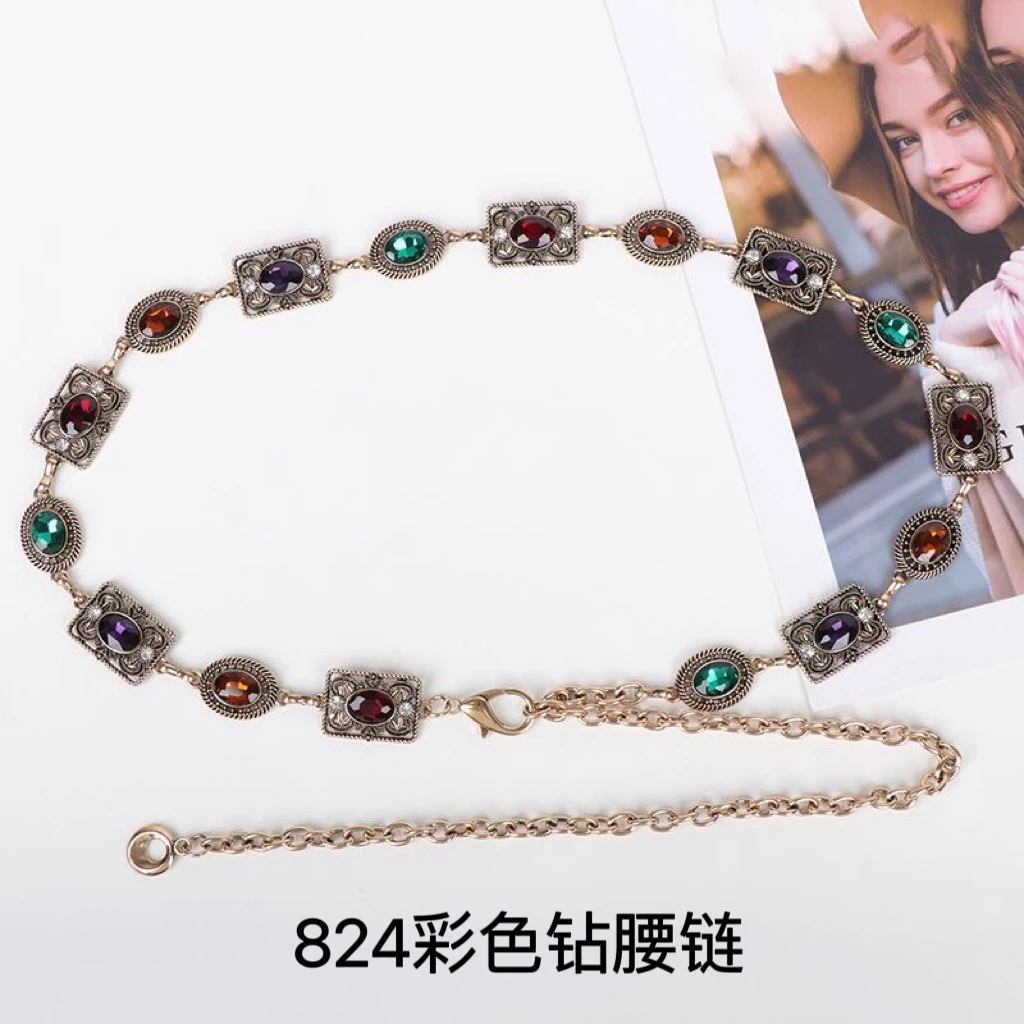 复古ins配饰连衣裙子民族风金色银色金属椭圆雕花时尚水钻腰带女