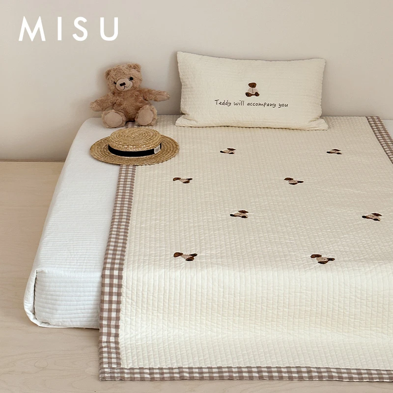 米苏刺绣儿童床盖纯棉绗缝炕盖薄款全棉夹棉床单四季通用床尾巾夏