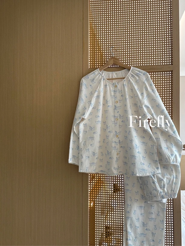 植物印花 棉纱睡衣 圆领开衫长裤家居服女套装碎花长袖蓝色提花