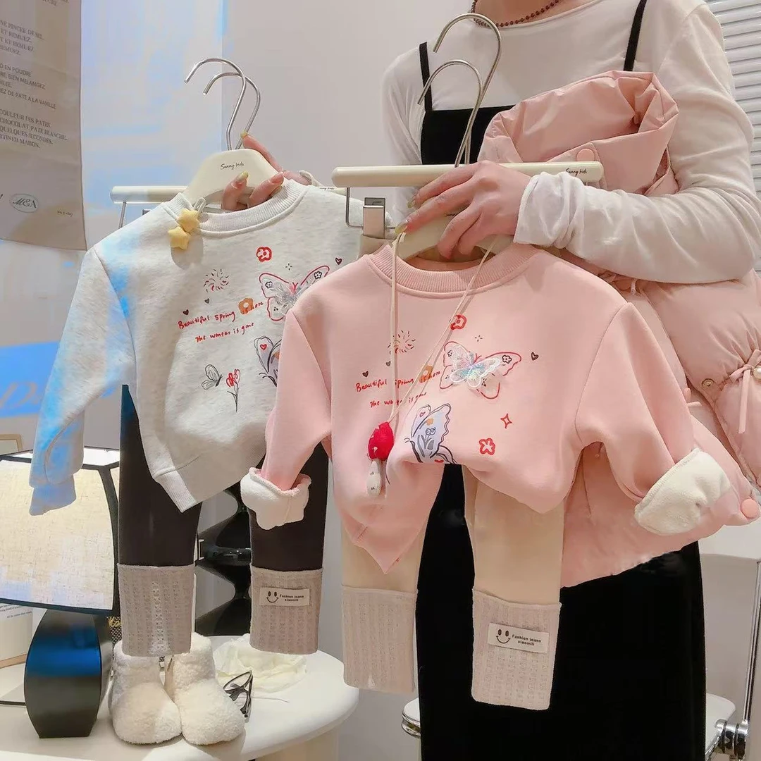 网红款立体蝴蝶百搭时尚女童冬季圆领加绒加厚糕糕绒卫衣