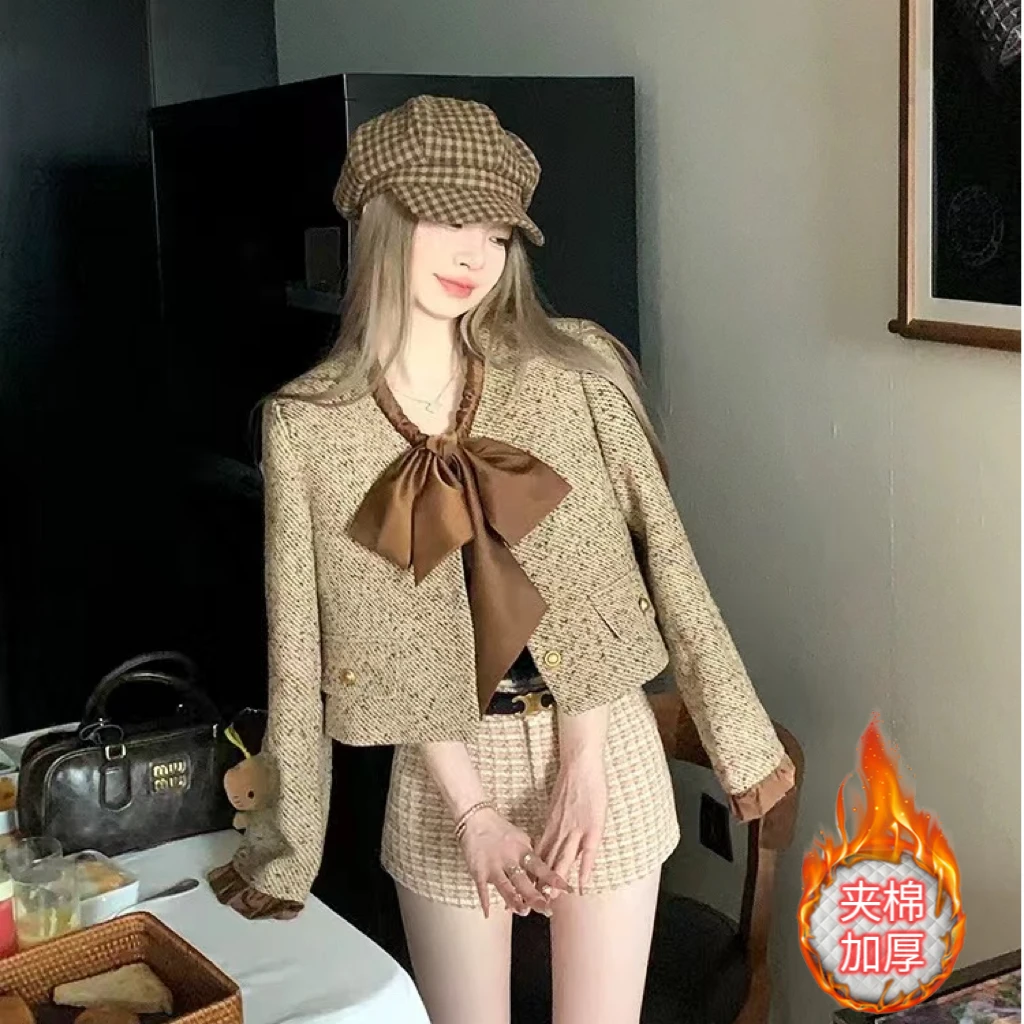 【现货+运费险】缎面抽褶系带粗花呢时尚洋气高级感小香外套女RO383