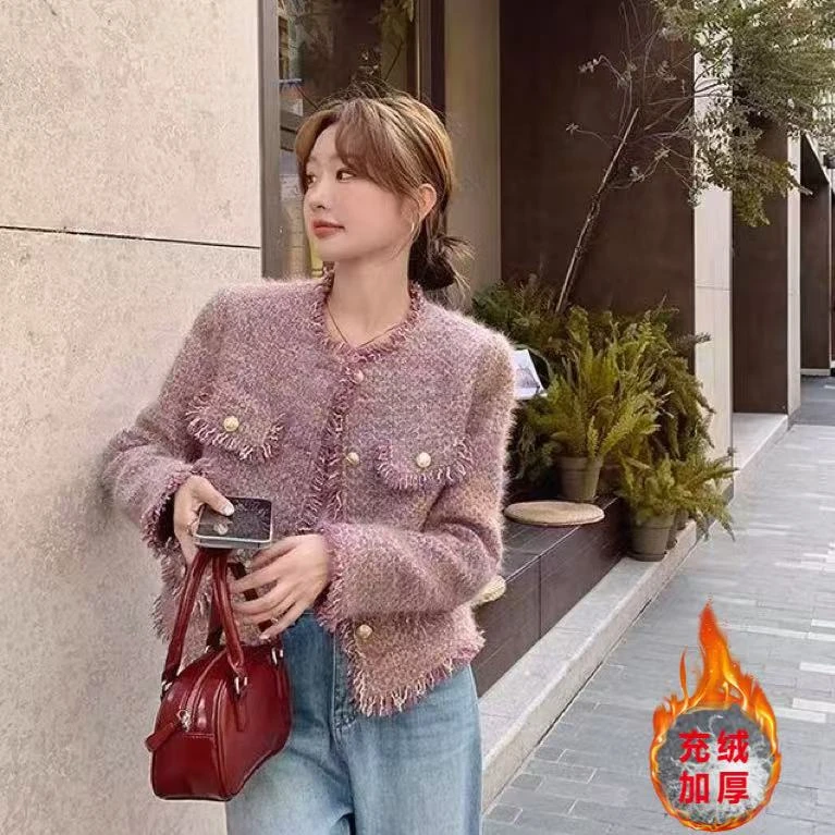 【当天发＋运费险】流苏洋气乌梅子酱充绒内胆小香风外套时尚P2428