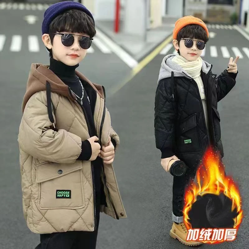 巴菈拉儿童加厚中长款2023年秋冬季新款洋气外套男童棉服连帽衣FH