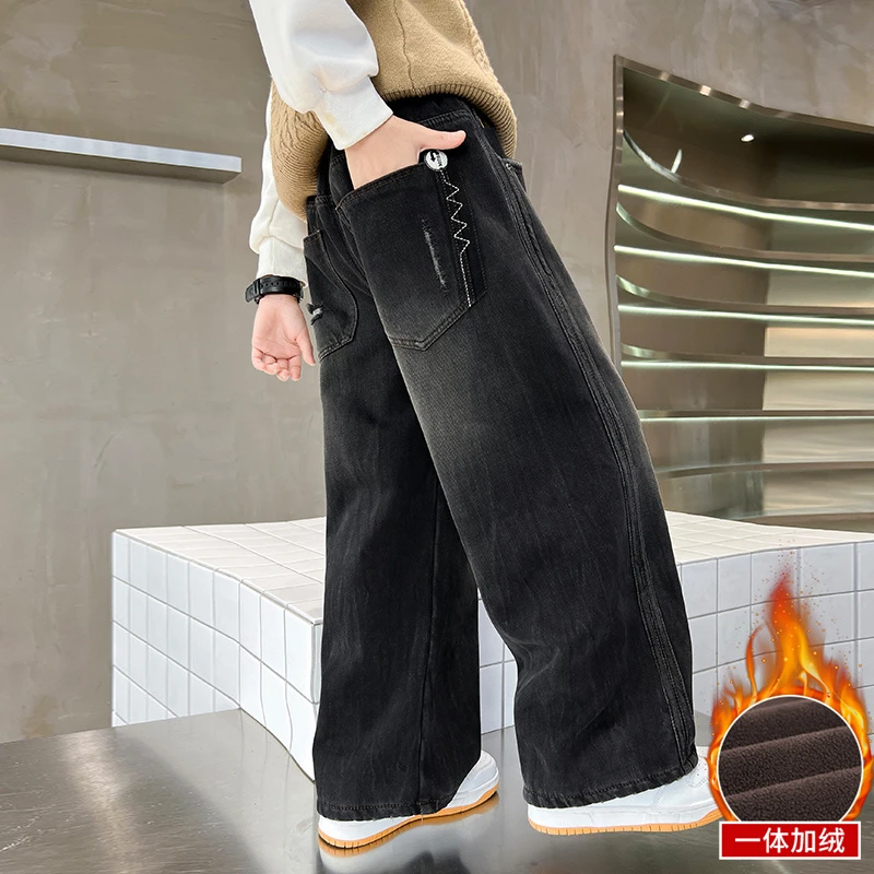 男童冬季牛仔裤子加绒冬款2024新款中大儿童冬装一体加绒加厚长裤