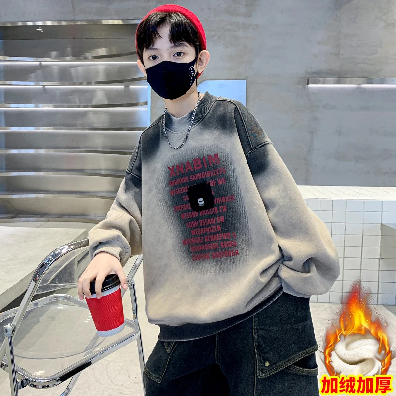 男童一体加绒卫衣冬季2025新款秋冬款中大童儿童装加厚男孩上衣潮