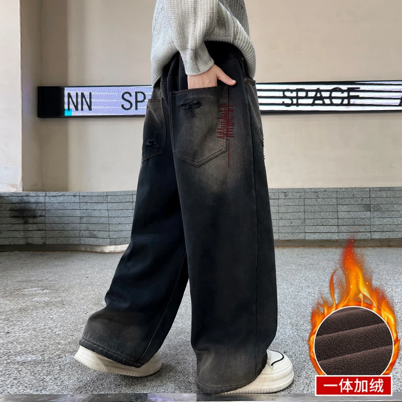 儿童装男童冬装加绒裤子2024新款秋冬款中大童男孩冬季加厚牛仔裤