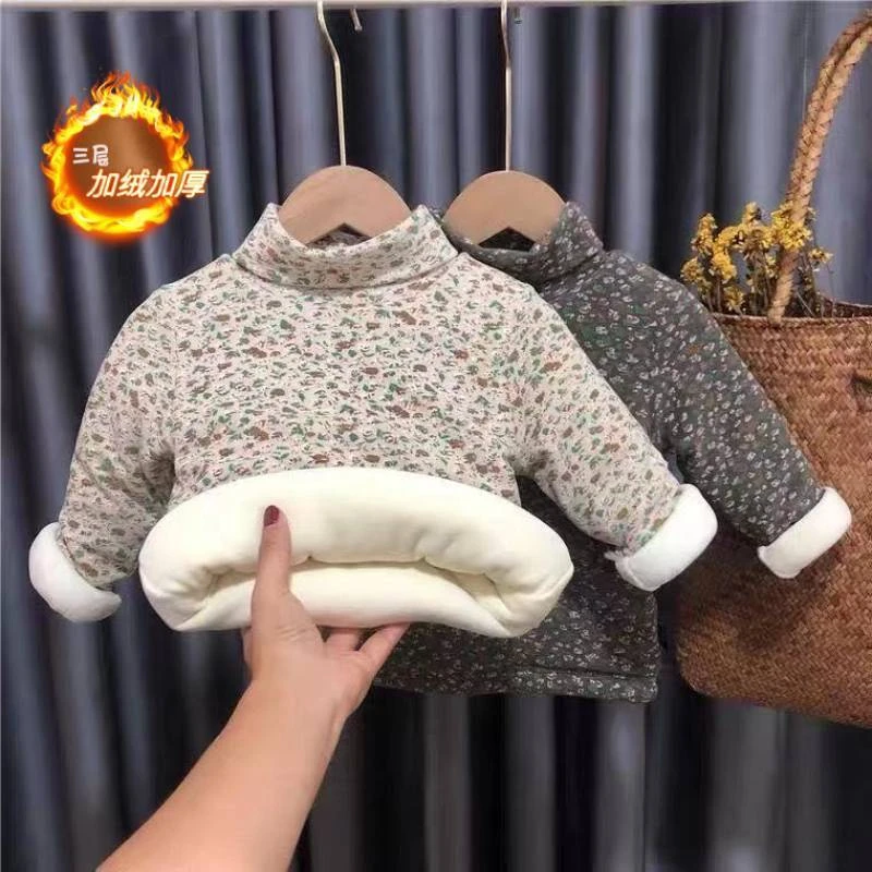 【猫猫】女宝宝碎花加绒打底衫单件婴儿高领上衣秋冬冬儿童保暖JC18