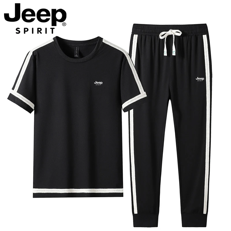 JEEP吉普冰丝短袖运动套装男士夏季大码跑步运动服长裤休闲两件套