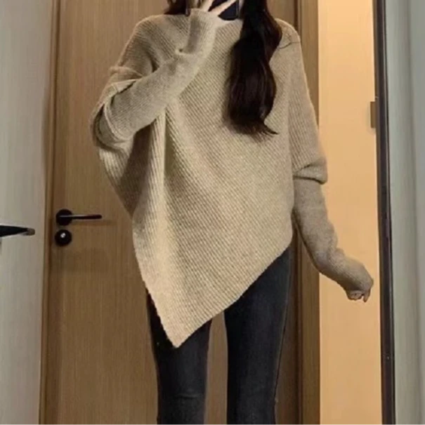 秋冬温柔风设计感法式百搭女小众氛围感不规则高领毛衣针织衫上衣