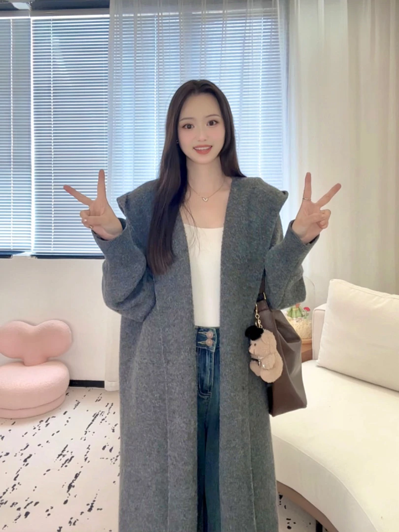 春秋新款针织开衫女中长款大码毛衣外套宽松连帽大衣网红时尚百搭