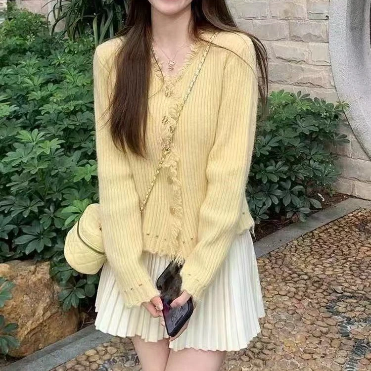 黄色v领毛边坑条毛衣开衫外套女2024春秋新款慵懒风内搭针织衫潮