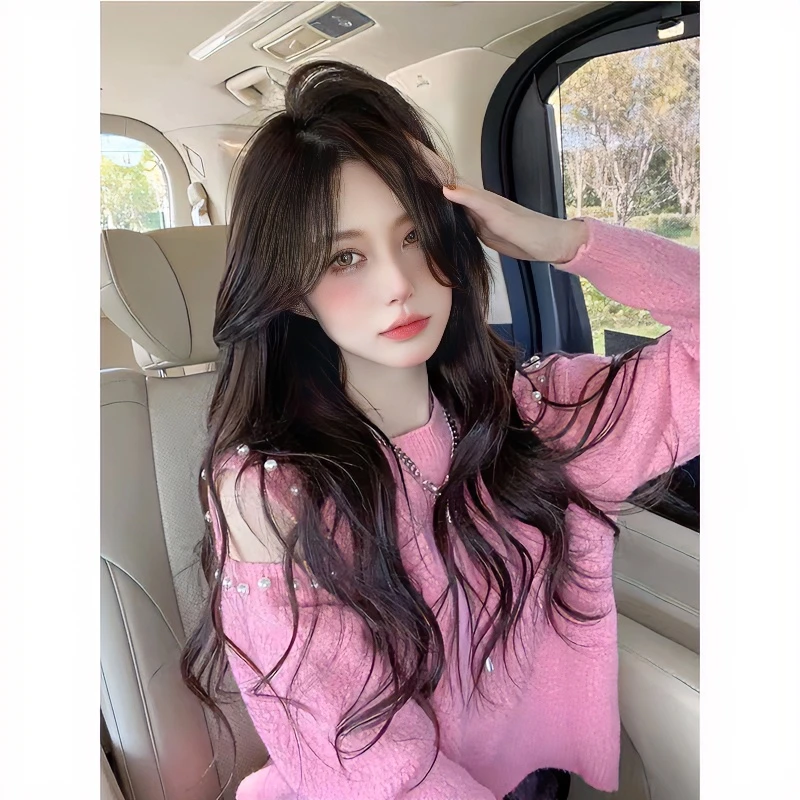 软奶风毛衣女镂空露肩珍珠针织衫早秋短款宽松设计感毛衣上衣外套