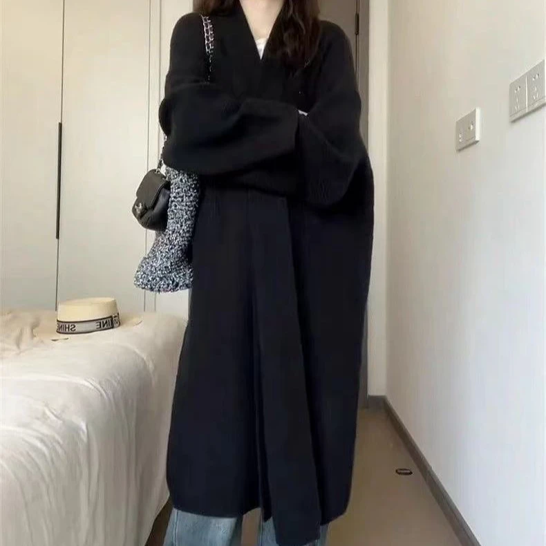 2024早秋新款小个子黑色长款毛衣外套针织开衫女春秋季慵懒风大衣