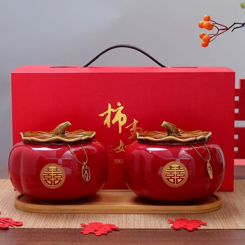 糖罐墙壁结婚一对喜庆柿子罐特大号客厅茶叶罐柿柿如意摆件