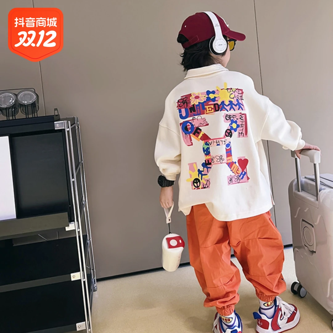 童装男童polo领卫衣春秋2023新款儿童翻领上衣时尚帅气工装裤套装