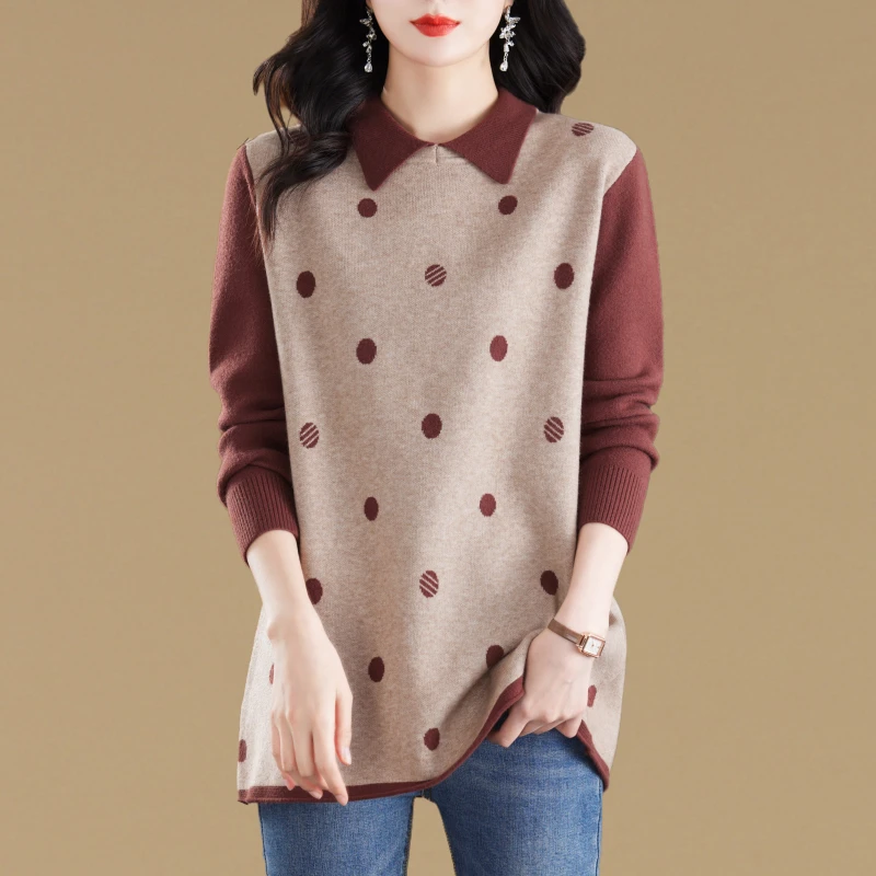 大码女装胖mm时尚娃娃领波点中长款毛衣秋冬宽松遮肚子针织打底衫