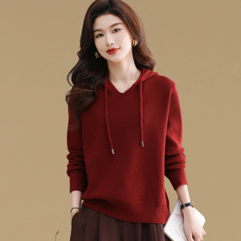 配大衣穿更好看高档连帽卫衣女宽松休闲内搭针织帽衫纯色打底毛衣