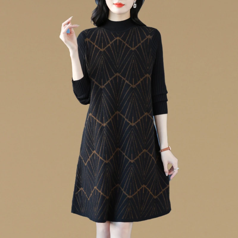 配大衣的针织连衣裙女秋冬新款A字毛衣裙子时尚中长款针织打底衫