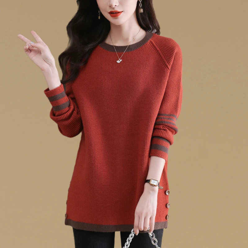高端洋气大码胖mm中长款毛衣女套头秋冬宽松休闲加厚针织打底衫潮