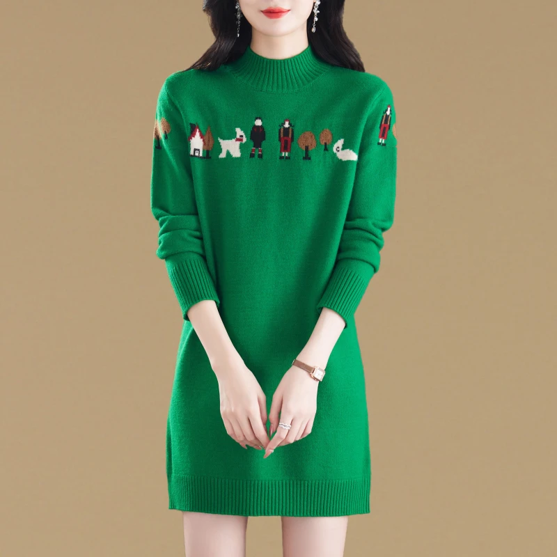 时尚洋气超好看卡通提花中长款毛衣女套头秋冬显瘦内搭针织打底衫