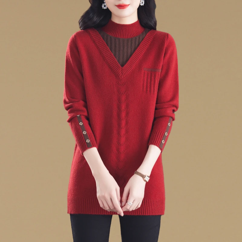 秋冬大码宽松半高领毛衣女中长款遮屁股假两件洋气内搭针织打底衫