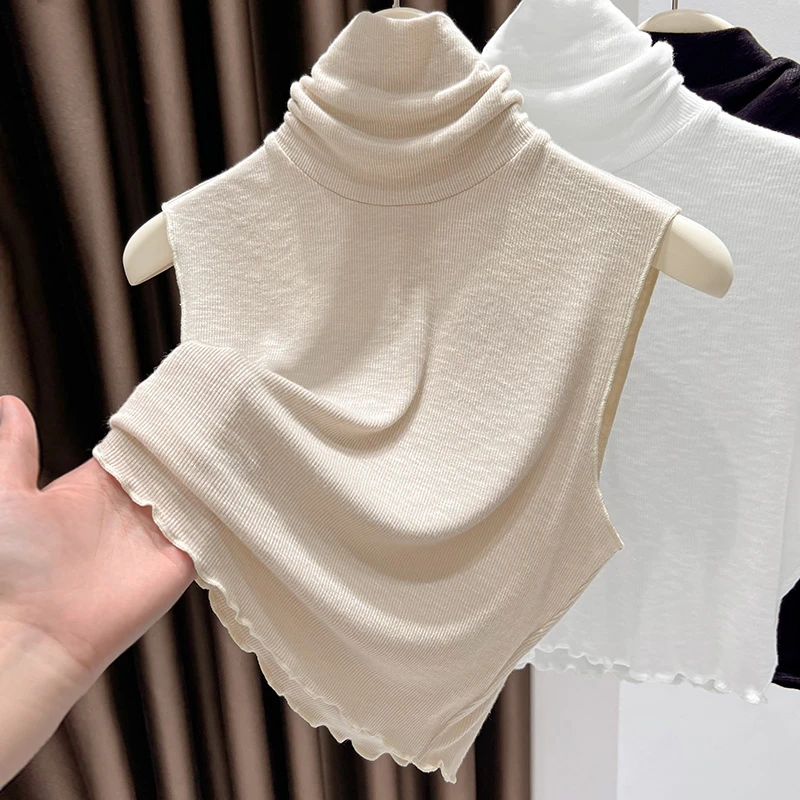 百搭女高档卫衣高领毛衣背心黑色短款木耳边打底衫薄款保暖假领子