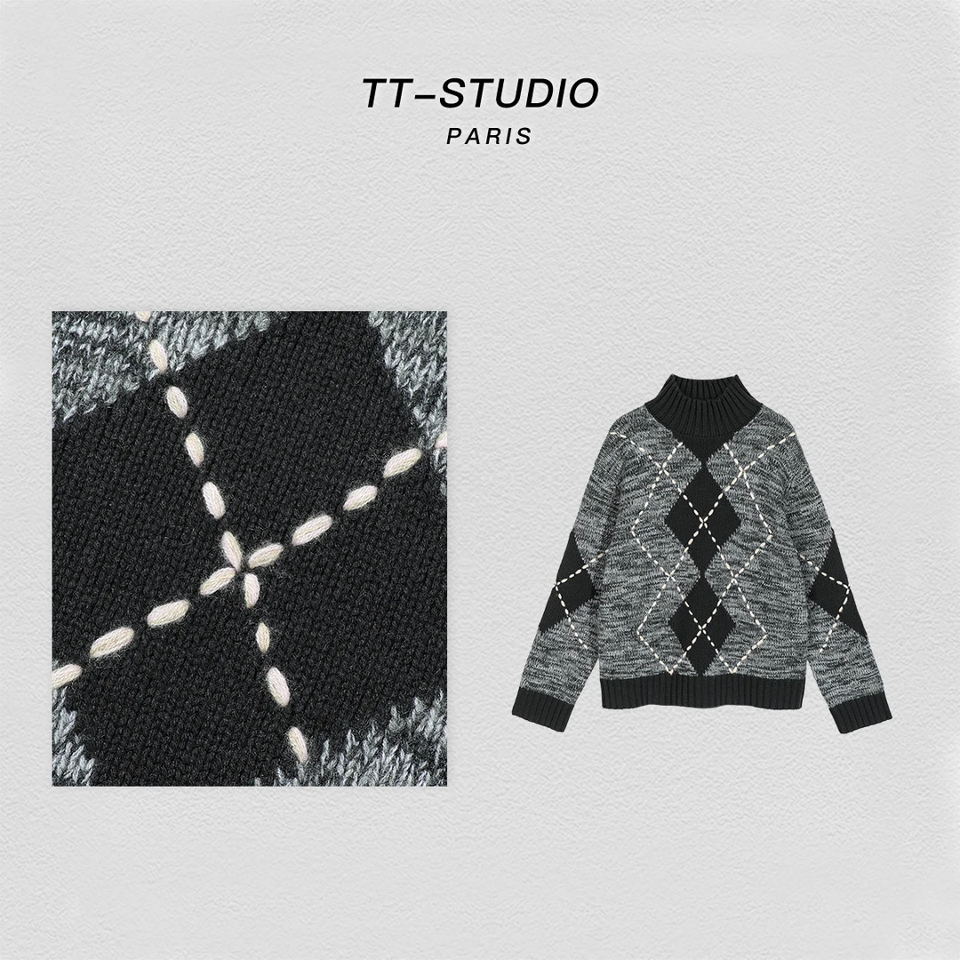 TT【灰菱格】100%新澳绵羊毛混纺针织毛衣热力感AH60806