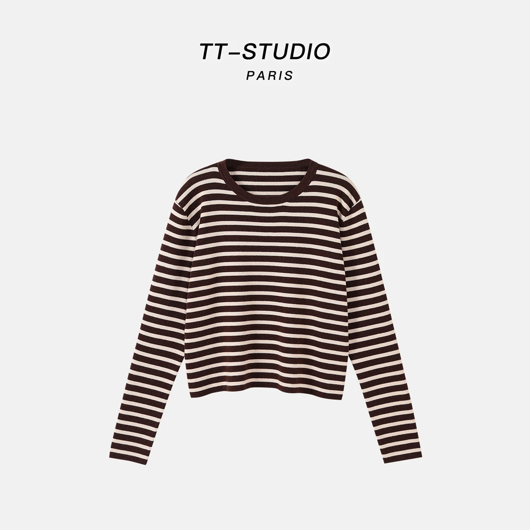 TT【卡布奇诺】羊毛桑蚕丝美拉德条纹长袖T恤女TT-SH888