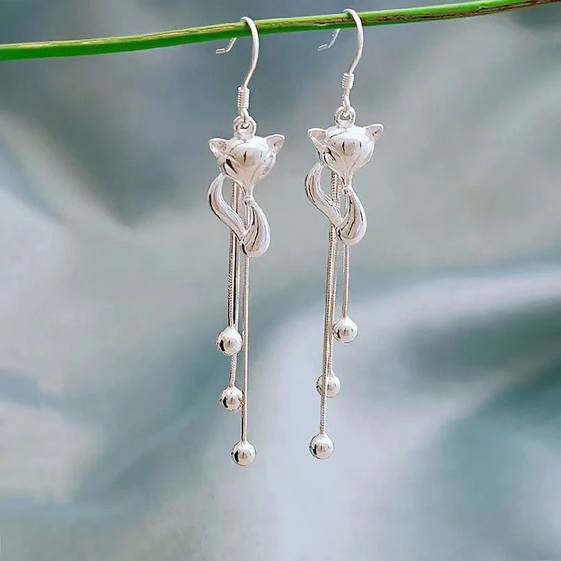 足银耳饰 999纯银耳环女狐狸耳坠简约流苏长款气质百搭送女友礼物