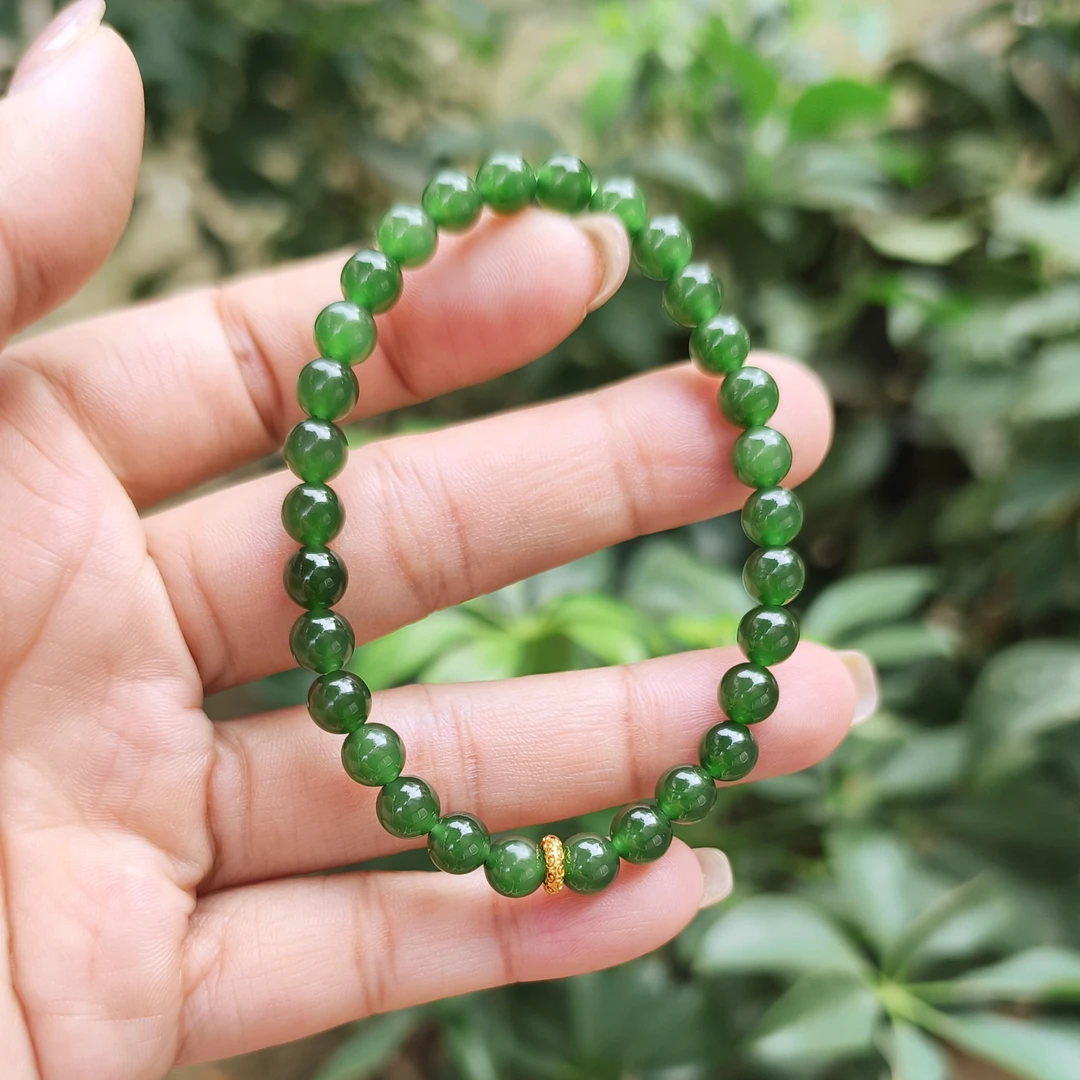 18k金【俄碧老料无黑点高货】天然和田玉6m碧玉菠菜绿手串圆珠玉石