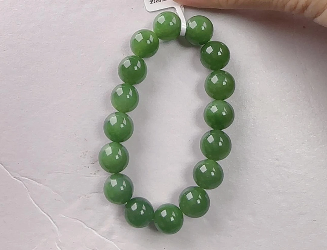 【高货】天然和田玉12mm老俄料碧玉手串单圈圆珠手链礼物