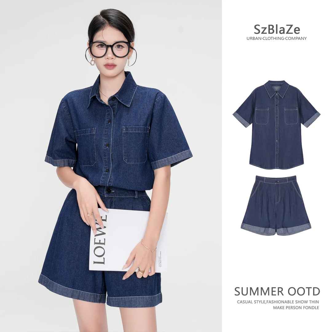 牛仔套装女夏季薄款洋气减龄显瘦衬衫高腰短裤休闲时尚炸街两件套