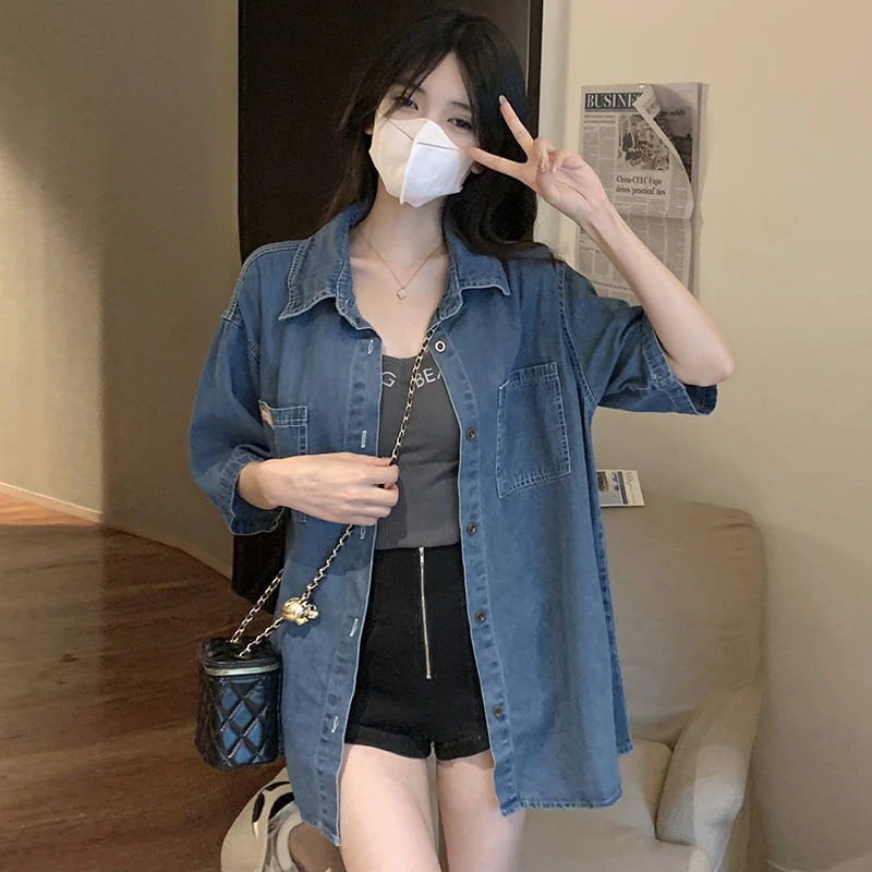 港风设计感小众牛仔短袖衬衫女夏季薄款别致上衣防晒外套