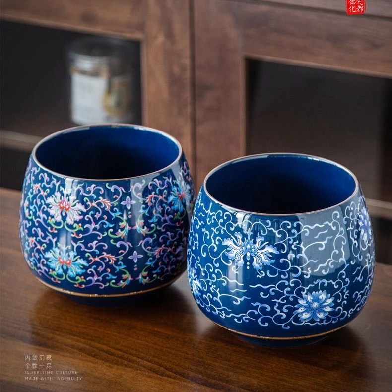 珐琅彩缠枝手工建水大号茶洗鎏银日式储水缸茶渣缸大容量茶道配件