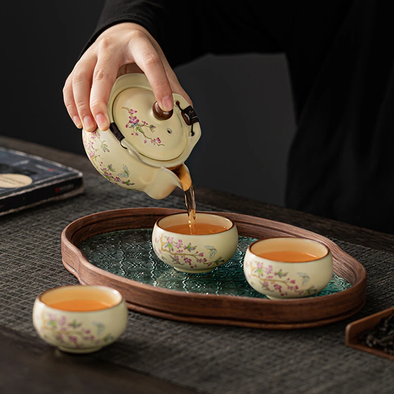 米黄汝窑壶盖碗茶具一壶一杯家用茶具整套防烫茶叶泡茶碗茶杯茶盘