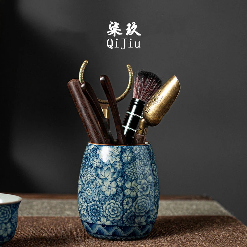 老陶泥青花茶道六君子中式复古陶瓷功夫茶具配件茶夹茶针茶笔茶勺