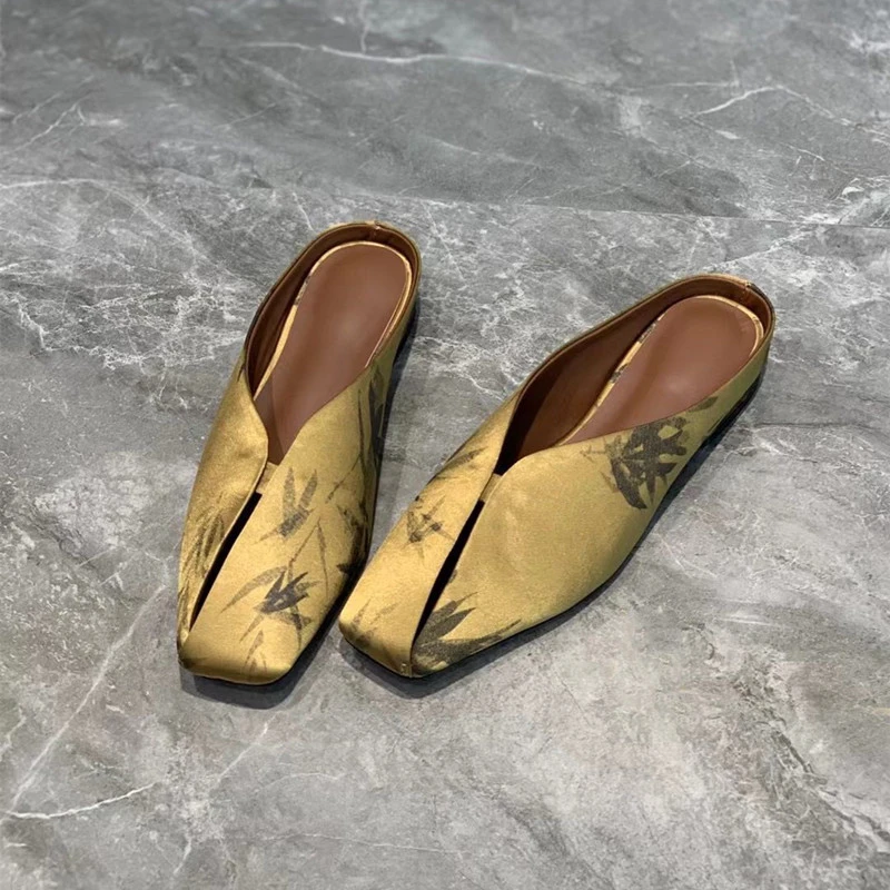 包头半拖鞋女外穿2025夏季新款中式国风竹子提花平底穆勒休闲凉拖