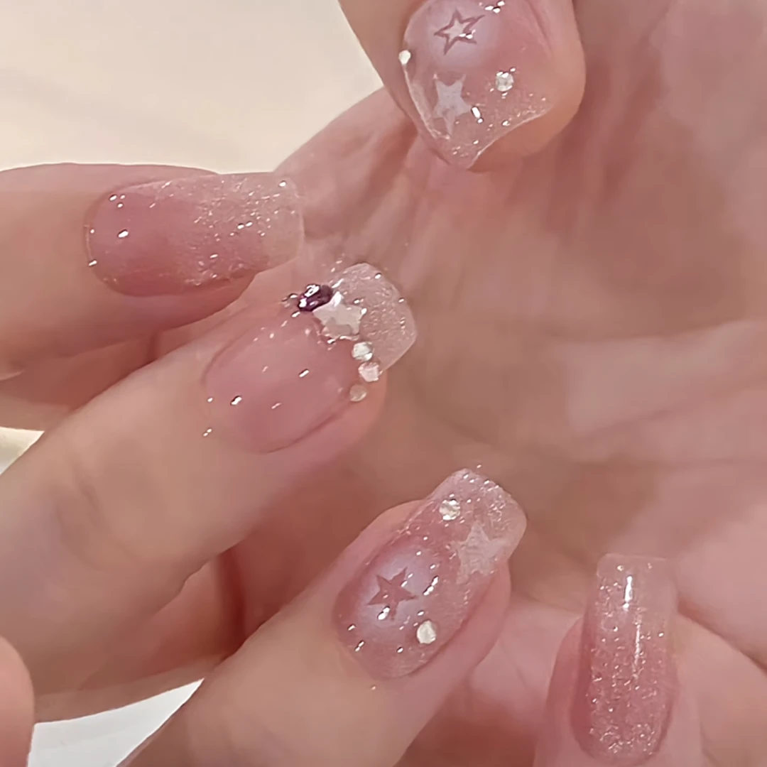 【蜜桃星芒】纯手工穿戴甲简约镂空星温柔淡粉点钻甜美可爱美甲贴