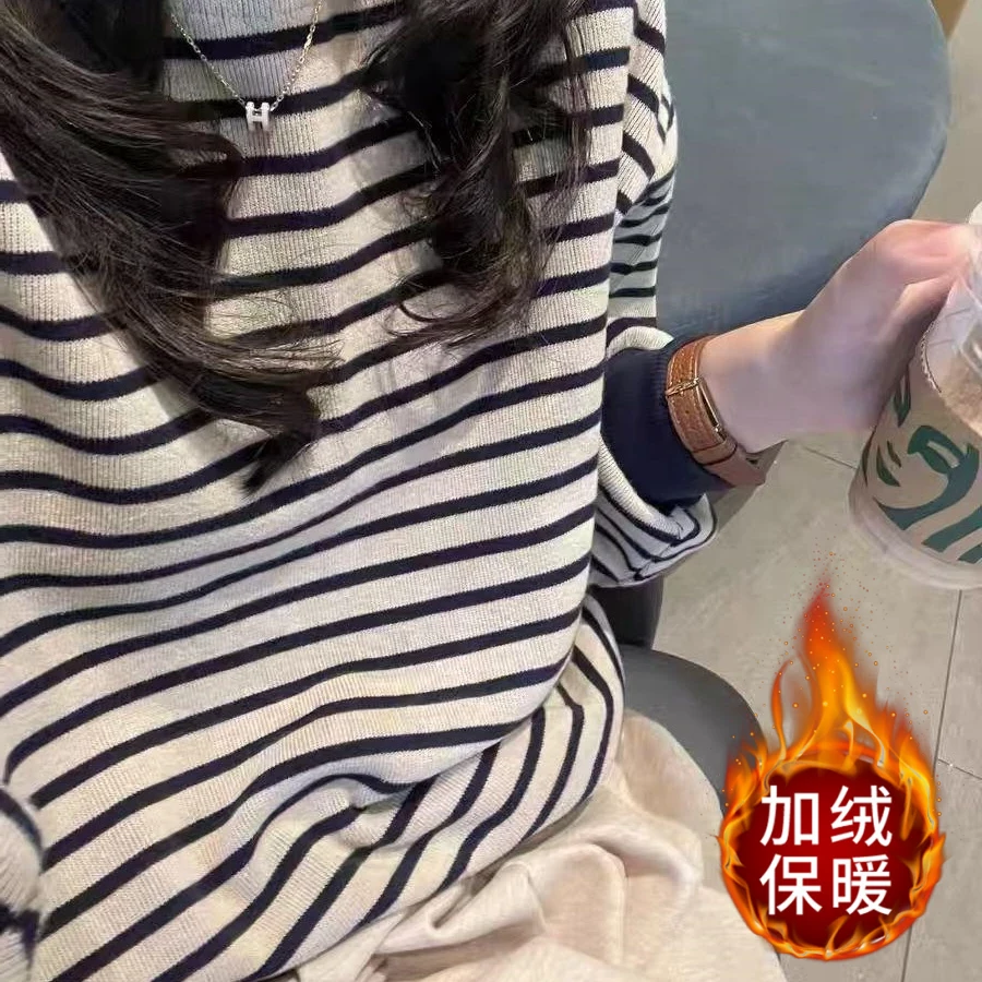 复古条纹圆领卫衣女秋冬新款宽松学院风港味休闲百搭长袖上衣外套
