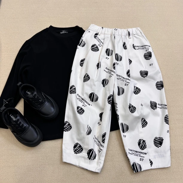 12595高端儿童春款时尚波点春装印花裤C20-2-4休闲裤白色男童