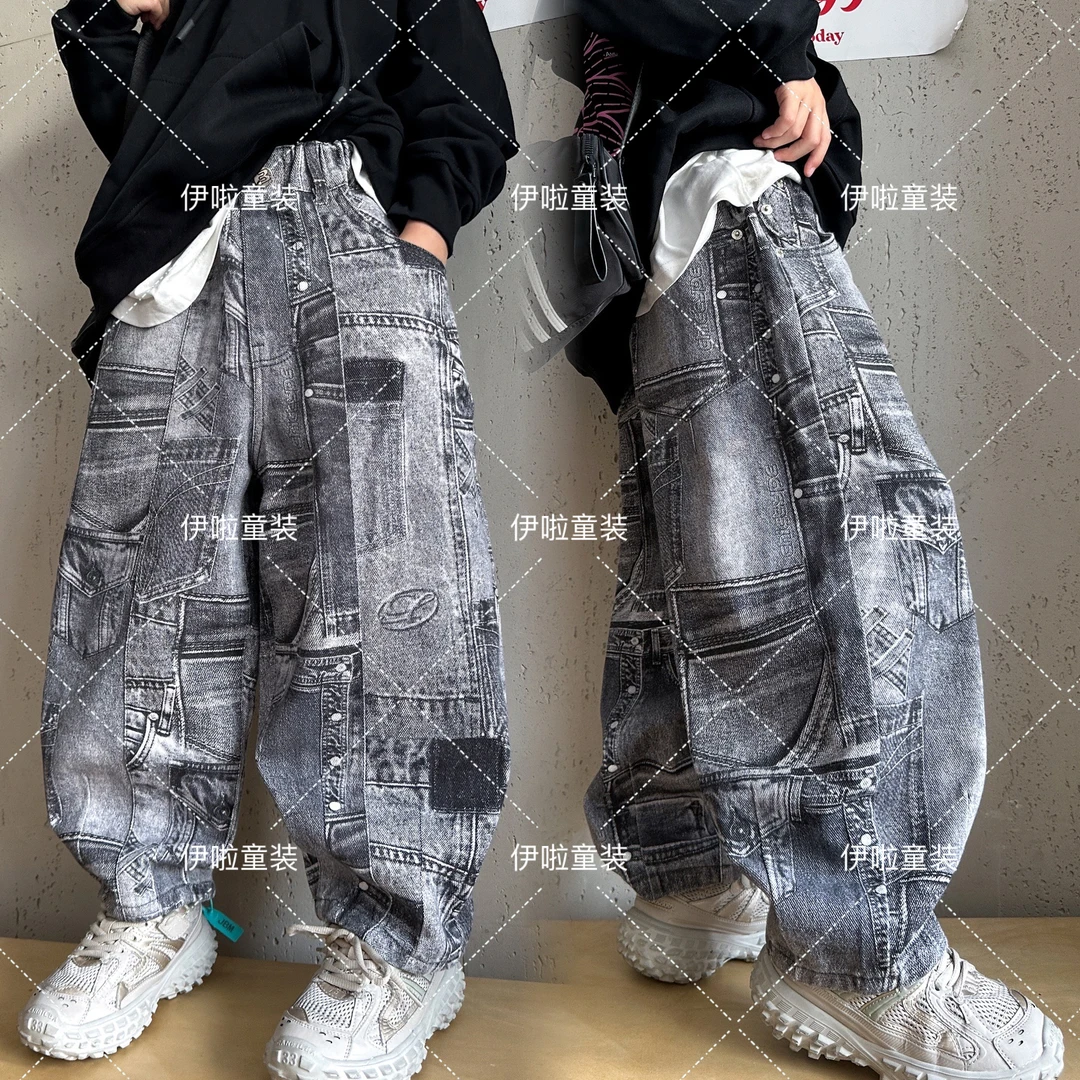 男童休闲裤春秋款中大童涂鸦百搭宽松炸街儿童长裤子洋气帅气个性
