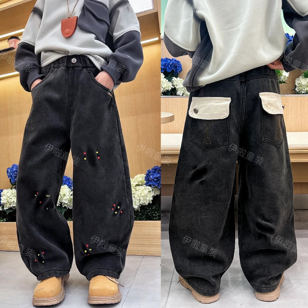 男童牛仔裤春秋款中大童圆点印花纯色百搭宽松儿童休闲裤洋气帅气