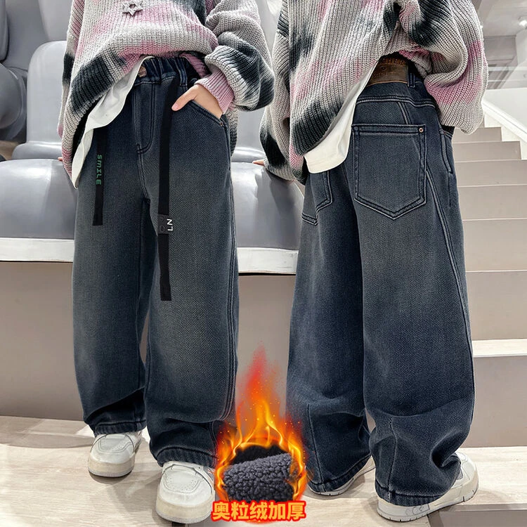 男童牛仔裤加绒加厚秋冬中大童拼接直筒宽松百搭儿童休闲裤子洋气