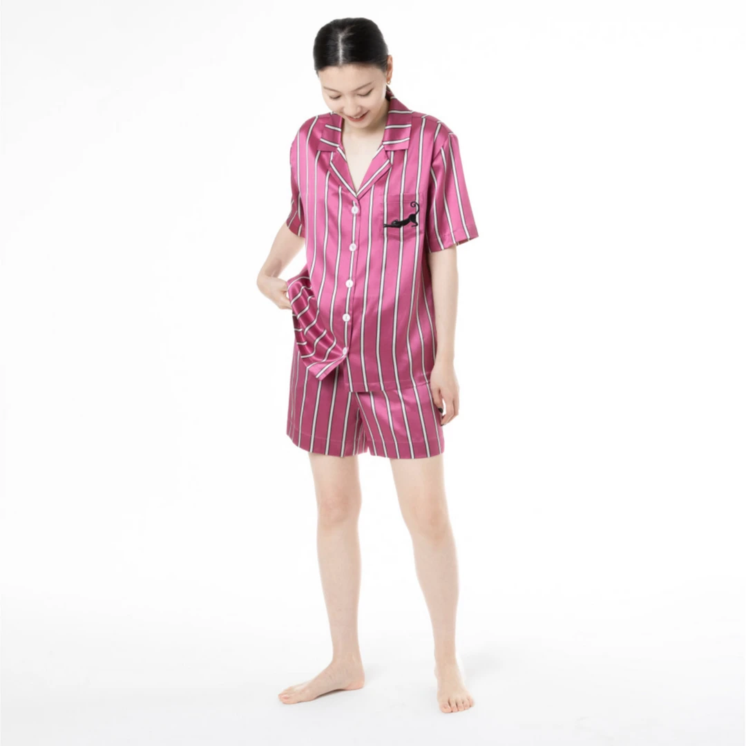 BEAST/野兽派“豹住你”粉条纹印花22姆米桑蚕丝短袖短裤家居服睡衣