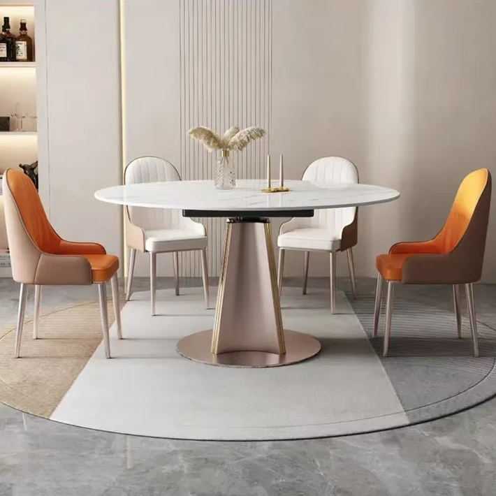 轻奢内嵌升降转盘岩板餐桌旋转伸缩极简饭桌家用小户型可变圆餐桌