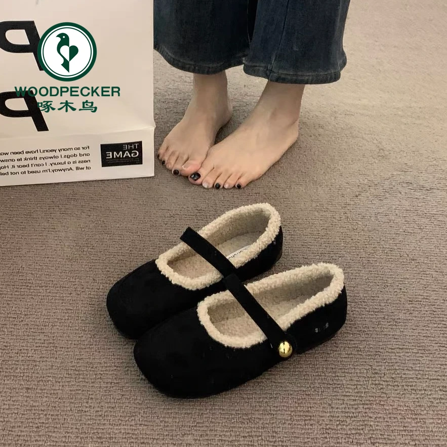 啄木鸟复古棕色厚底加绒玛丽珍鞋秋冬丑萌毛毛鞋绒面保暖豆豆棉鞋
