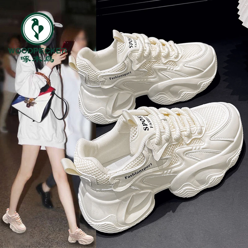 啄木鸟厚底老爹鞋女春秋新款双网面透气增高运动鞋学生小白鞋女士