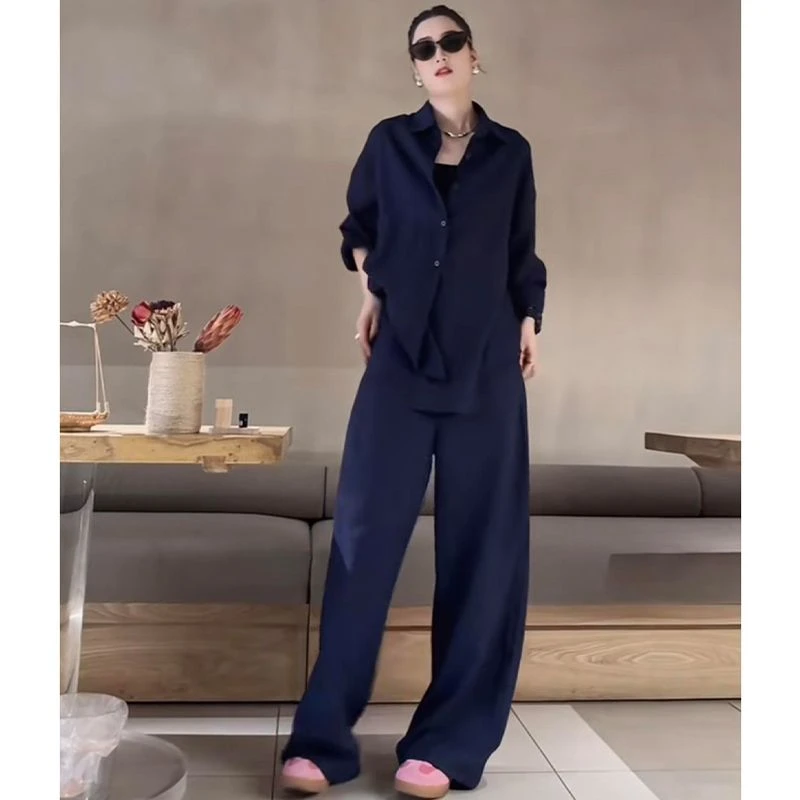 秋季御姐风衬衣套装减龄宽松衬衫女高腰休闲阔腿盐系轻熟两件套装