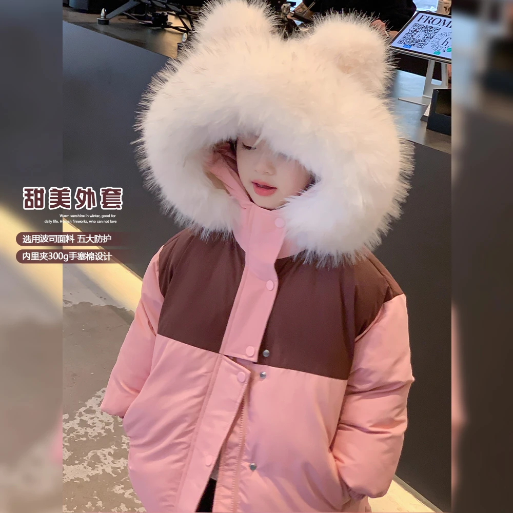 图图小象女童2023冬季新款加厚外套女童连帽洋气外套儿童时尚宝宝